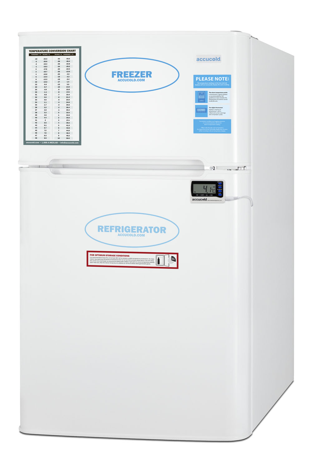 General purpose ADA height 2-door refrigerator-freezer with digital refrigerator control, internal fan, and alarm/thermometer